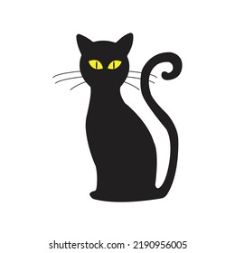 Black cat silhouette. Elegant cat sitting side view with turn around head.