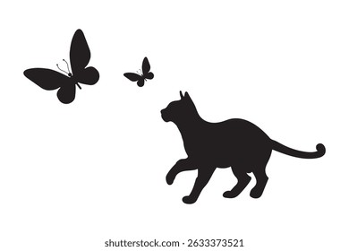 Black cat silhouette. Elegant cat sitting side view with turn around head. Vector Set of Black Cat Silhouettes in Various Poses – Sitting, Playing, Jumping, Walking eps 10