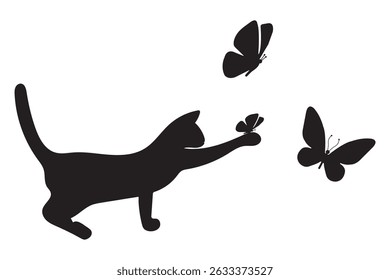 Black cat silhouette. Elegant cat sitting side view with turn around head. Vector Set of Black Cat Silhouettes in Various Poses – Sitting, Playing, Jumping, Walking eps 10