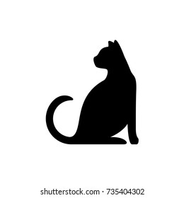 Black cat silhouette. Elegant cat sitting side view with turn around head. 