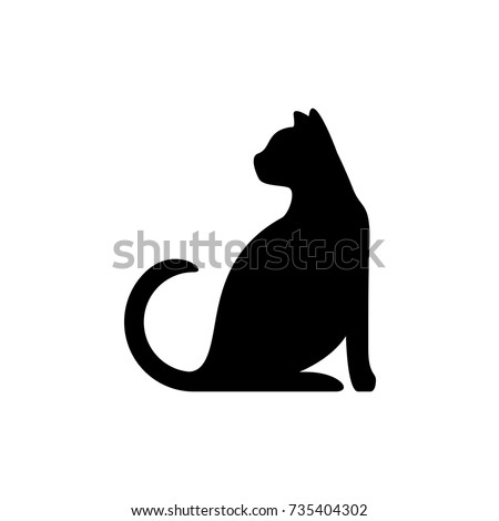 Black cat silhouette. Elegant cat sitting side view with turn around head. 