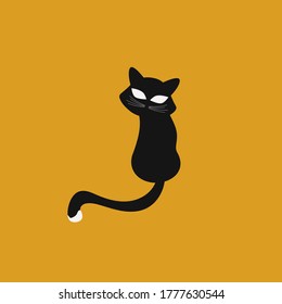 Black cat silhouette. Elegant view of the cat from the back with a turn of the head on a yellow background.