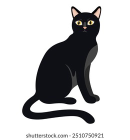 Black cat. Cat silhouette, elegant black cat. Black witch Halloween cat. Vector illustration isolated on white.