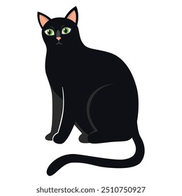 Gato preto. Silhueta de gato, gato preto elegante. Gato bruxa negra Halloween. Ilustração vetorial isolada em branco.