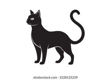 Gato negro. Silueta del gato, gato negro elegante. Gato negro de Halloween de la bruja. Ilustración vectorial aislada en blanco.