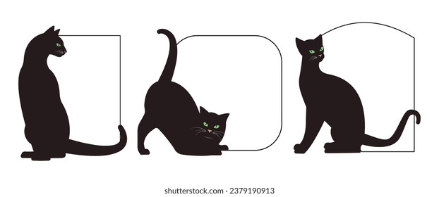 Black cat silhouette with green eyes poster set. Template with cute pet animals and blanc space for text. Pet shop, grooming studio, animal care placard design. Cat tag, sticker, postcard.