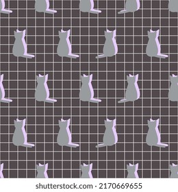 black cat silhouette grid seamless pattern, purple shadow, kitten on a black background