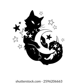 Black cat, silhouette, holding a crescent moon in its paws