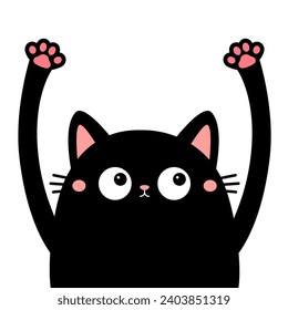 Black cat silhouette holding hands up. Eyes, teeth, tongue, pink paw print. Cute cartoon kawaii funny boo spooky character. Pet baby collection. Flat design. White background. Isolated. Vector