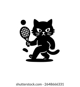 Silhueta de gato preto segurando uma raquete de tênis e uma bola de tênis