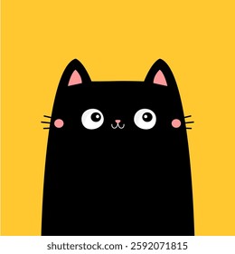 Black cat silhouette icon. Cute kitten. Smiling face. Funny kawaii animal. Cute cartoon pet baby character. Greeting card. Sticker print. Childish style Flat design. Yellow background. Vector