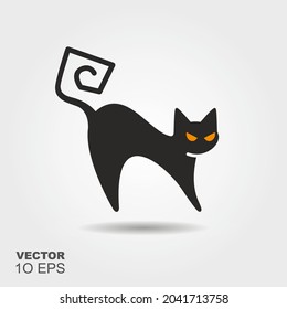 Black Cat. Silhouette icon. Flat Halloween Symbol with shadow