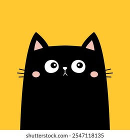 Black cat silhouette icon. Kitten with sad face. Funny kawaii animal. Cute cartoon pet baby character. Greeting card. Sticker print. Childish style Flat design. Yellow background. Vector illustration