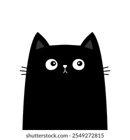 Icono de silueta de gato negro. Gatito con cara triste. Personaje lindo del bebé de la mascota de la historieta. Divertido animal kawaii. Tarjeta de felicitación. Impresión de la etiqueta engomada. Estilo infantil Diseño plano. El fondo blanco. Ilustración vectorial