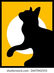 Black cat silhouette illustration design on yellow background with white circle