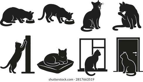 Black Cat Silhouette Illustrations Depicting Domestic Feline Behaviors and Daily Activities for Pet Lifestyle Design