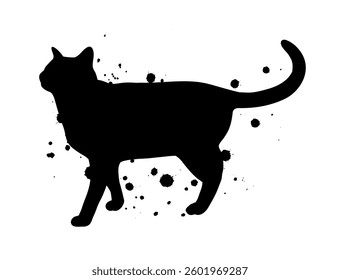 Black Cat Silhouette with Ink Splatter Abstract Illustration.