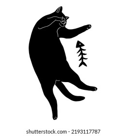 Black cat silhouette isolated on white background. Cute kitty lies with the skeleton of a fish. Print design for t-shirts, stickers, souvenirs. humorous animals. Flat style in vector illustration. 