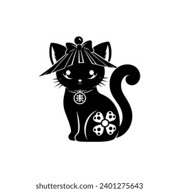 Black cat silhouette, Japanese traditional lucky cat Maneki Neko. Minimalist art. Vector black cat