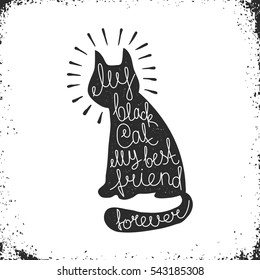 Black Cat Silhouette with Lettering Inside - Hipster Image. Vector Illustration.