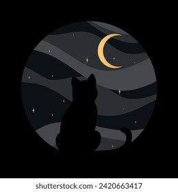 Black cat silhouette on night sky background. Cat watching on a crescent. Vector illustration