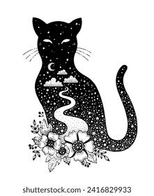 Black cat silhouette with pattern of night sky with moon and stars, road and flowers. Cute magic animal with celestial and floral print. Fantasy sketch art, vector hand drawn illustration