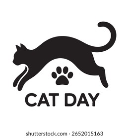 Black cat silhouette with paw print and cat day text isolated on white background silhouette