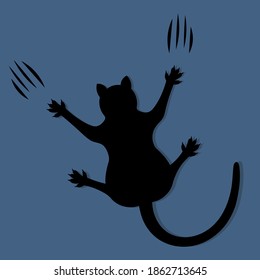 Black cat. Silhouette. The pet slides down the wall, leaving scratches. Vector illustration. Isolated blue background. Flat style. Black Friday. A fluffy animal with sharp claws. Little imp. 