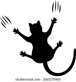 Gato negro. Silhouette. La mascota se desliza a lo largo de la pared, dejando arañazos. Ilustración vectorial. Fondo blanco aislado. Estilo plano. Viernes Negro. Un animal esponjoso con garras afiladas. 