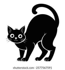 Black cat silhouette in a playful, arched-back pose with wide eyes. Perfect for Halloween designs, pet illustrations, logos, and vector art. Ideal for spooky, mystical, or feline-themed projects.