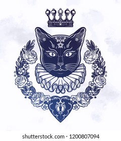 Black cat silhouette portrait with secret key and beautiful wreath of flowers.Ideal Halloween background, tattoo art, boho design. Perfect for print, posters, t-shirts,textiles. Vector illustration.