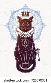 Black cat silhouette portrait with secret key in the background of the moon. Ideal Halloween background, tattoo art, boho design. Perfect for print, posters, t-shirts,textiles. Vector illustration.