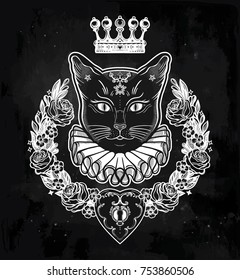 Black cat silhouette portrait with secret key and beautiful wreath of flowers.Ideal Halloween background, tattoo art, boho design. Perfect for print, posters, t-shirts,textiles. Vector illustration.