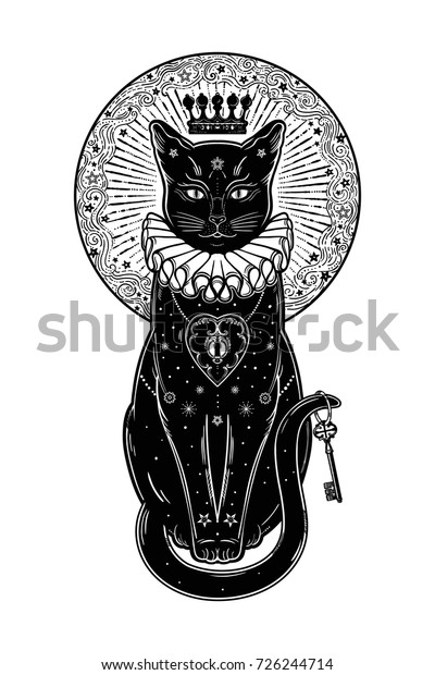 月の背景に黒い猫のシルエットと秘密の鍵 理想のハロウィーン背景 タトゥーアート ボホデザイン 印刷 ポスター Tシャツ 織物に最適 ベクターイラスト のベクター画像素材 ロイヤリティフリー