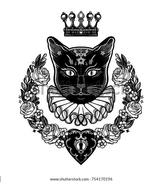 秘密の鍵と花の花輪を持つ黒い猫のシルエット 理想のハロウィーン背景 タトゥーアート ボホデザイン 印刷 ポスター Tシャツ 織物に最適 ベクターイラスト のベクター画像素材 ロイヤリティフリー