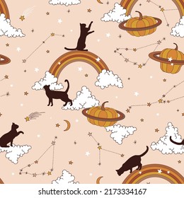 Black cat silhouette Rainbow Pumpkin planet Clouds Constellation vector seamless pattern. Boho Halloween kitty in the sky background. Esoteric galaxy night sky surface design.