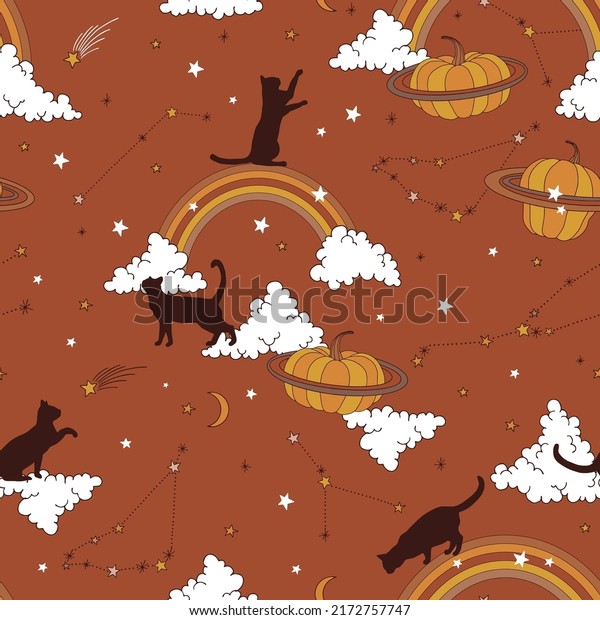 Black cat\
silhouette Rainbow Pumpkin planet Clouds Constellation vector\
seamless pattern. Boho Halloween kitty in the sky background.\
Esoteric galaxy night sky surface\
design.