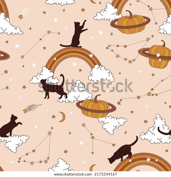 Black cat\
silhouette Rainbow Pumpkin planet Clouds Constellation vector\
seamless pattern. Boho Halloween kitty in the sky background.\
Esoteric galaxy night sky surface\
design.