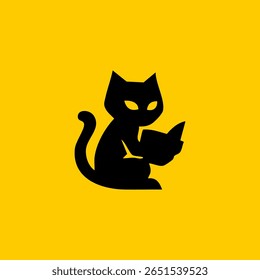 Black cat silhouette reading a book on a yellow background
