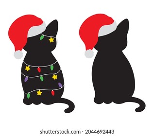 Black cat silhouette with a Santa hat and colorful Christmas light vector illustration.
