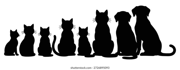 Una silueta de gato negro se sienta mirando hacia la derecha, junto a una silueta parcial, sobre un fondo blanco limpio, mostrando un diseño minimalista y una forma felina.