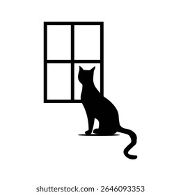 A black cat silhouette sits on a windowsill, looking out a window. Simple, elegant, and minimalist design on a white background.