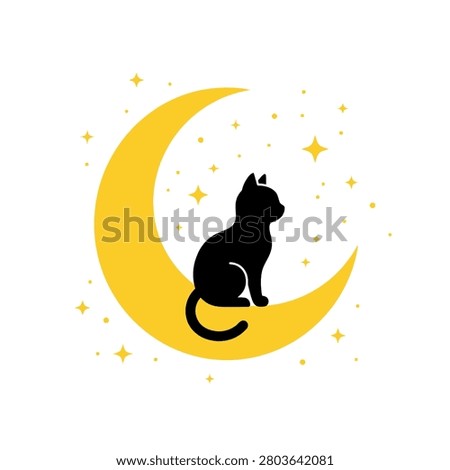 A black cat silhouette sits on a bright yellow crescent moon surrounded by stars