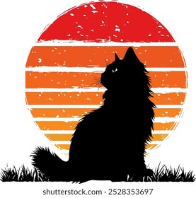 A Black Cat Silhouette Sits Peacefully in Front of a Vibrant Orange and Red Sunset, Creating a Retro and Calming Nature-themed Image Perfect for Artistic or Animal-related Designs.