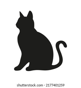 Black cat silhouette. The cat is sitting. Domestic cat on an isolated background. Vector illustration.