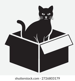 Silueta de gato negro sentado dentro de una caja de cartón abierta sobre un Vector de fondo gris claro