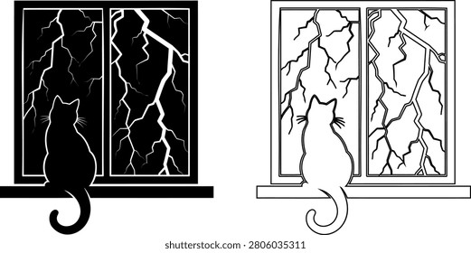 Black cat silhouette sitting on window sill with lightning illustration Editable icons