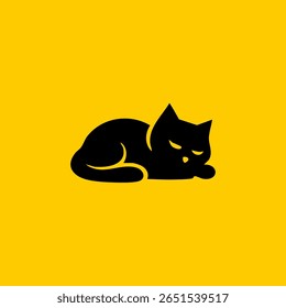 Black cat silhouette, sleeping, on yellow background