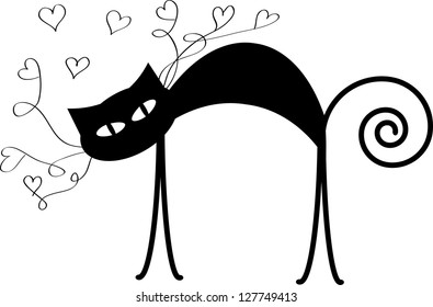 black cat in silhouette and small hearts isolated on white background