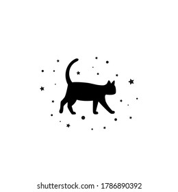 Black cat silhouette with stars and tinsels. Icon isolated on white. Vector flat illustration.  Halloween logo. Magic label.